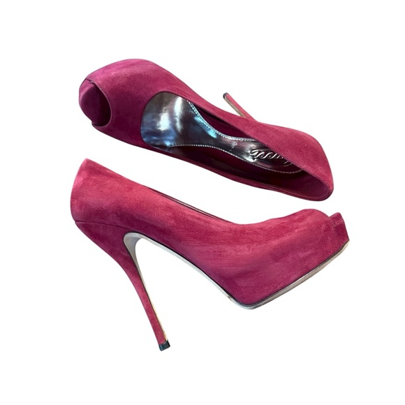 Gucci Suede Peep Toe Platform Pumps Burgundy Stiletto Heel EU 37.5 US 7.5 - Picture 10 of 14